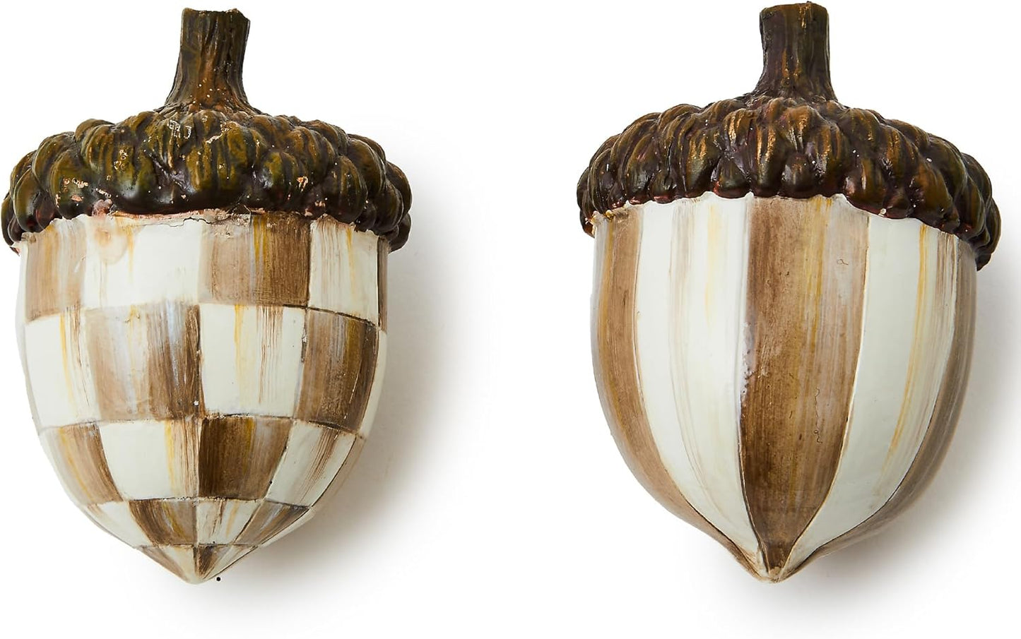 MACKENZIE-CHILDS Decorative Acorns, Resin Acorn Fall Decor for Kitchen and Home, Set of 2, Brown-and-White Mocha Check