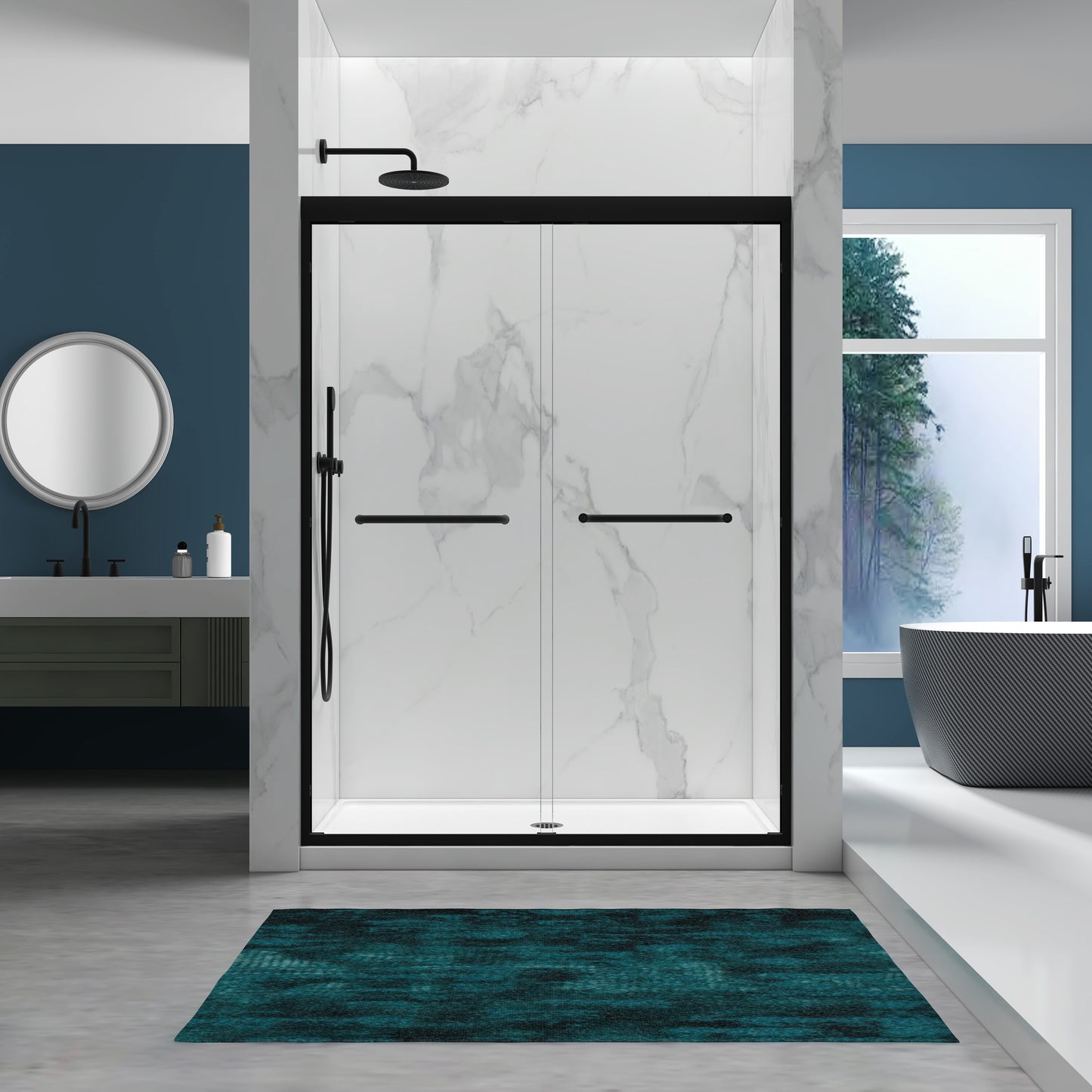 LOVMOR 56-60in  x 72in  Tempered Glass Aluminum Frame Double Sliding Shower Door 1/4in  (6mm) Stainless Steel Handles Matte Black