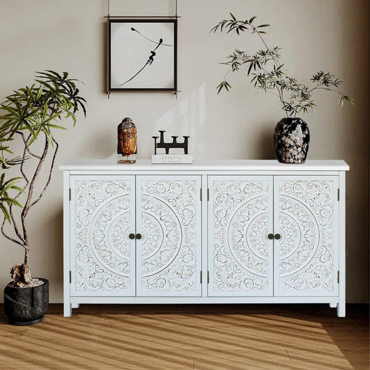 LOVMOR 60in White Accent Cabinet with 4 Doors Rustic Wood Sideboard Pantry Cabinet - Versatile Buffet Cabinet with Storage for Home Decor and Organization chic cabinet