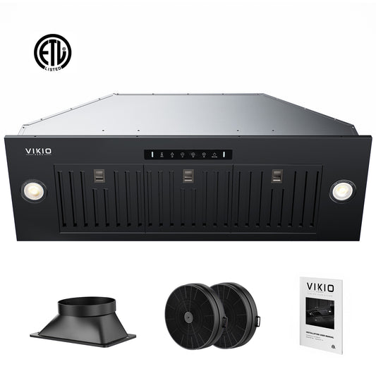 VIKIO 36 inch Convertible 980-CFM Recirculating Black Insert Under Cabinet Range Hood with Charcoal Filter