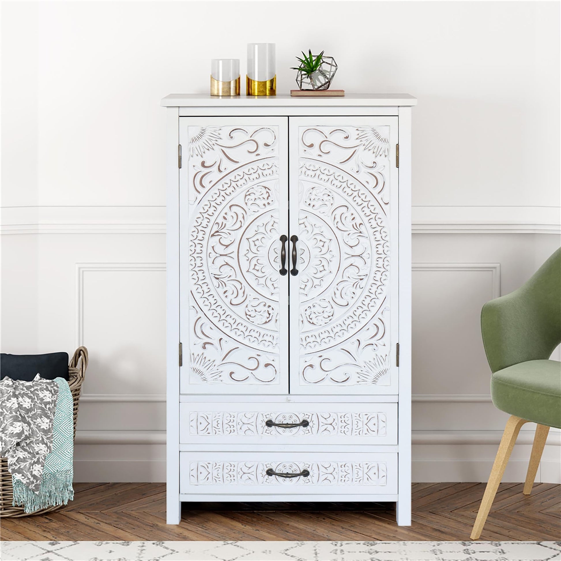 LOVMOR Accent Tall Tower White Storage Cabinet Rustic Wood with two doors and two drawers