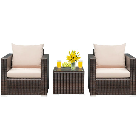 Slickblue 3-Piece Rattan 2-Sofa Patio Conversation Set with Brown Frame and Beige/Red/Turquoise/Black  Cushions Including Tempered Glass Coffee Table for Patios Gardens or Balconies