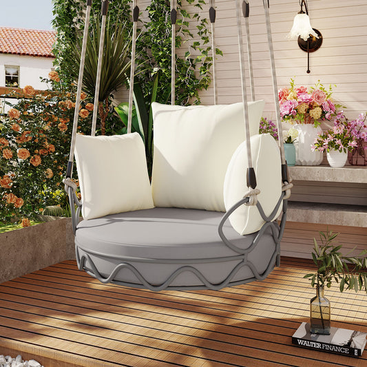 LOVMOR Outdoor Porch Swing Chair Hanging Baske Hanging Chair with Resistant Cushion Fabric for Patio Beige