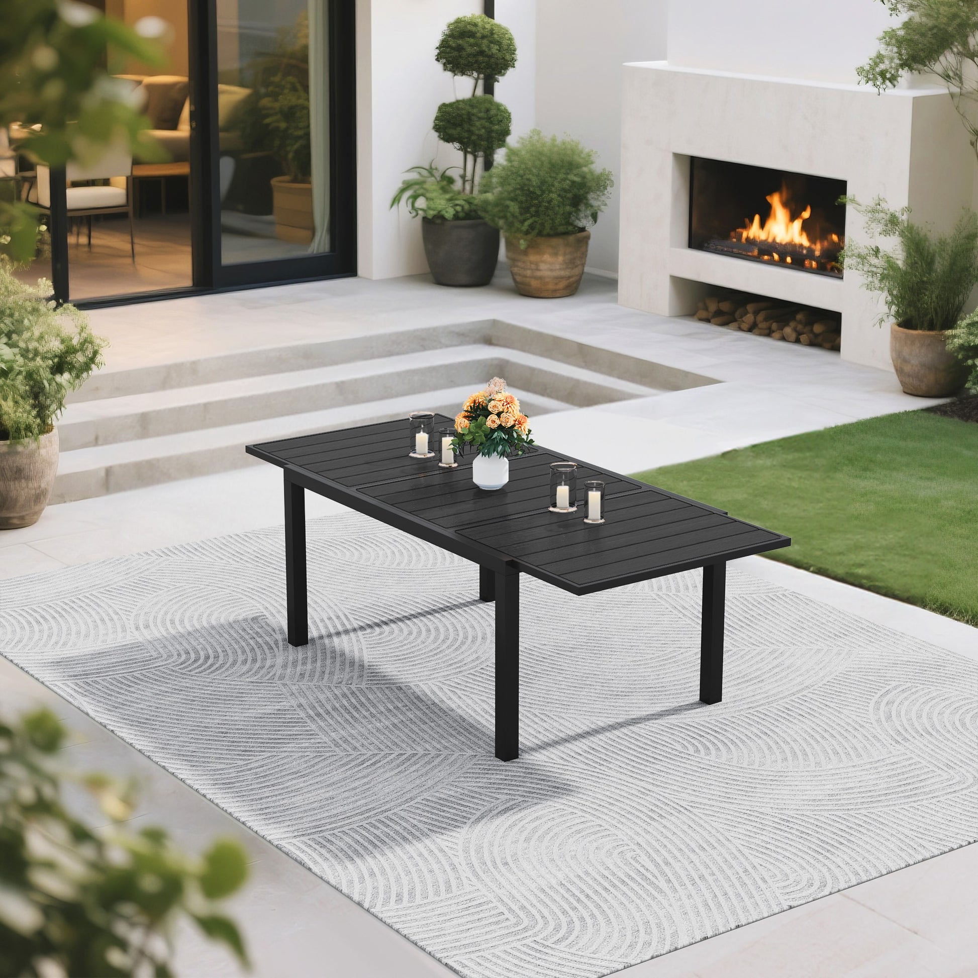 Serwall HDPE Outdoor Extendable Dining Table All Weather Patio Dining Table Seats 6 to 8 with Rust Resistant Aluminum Frame