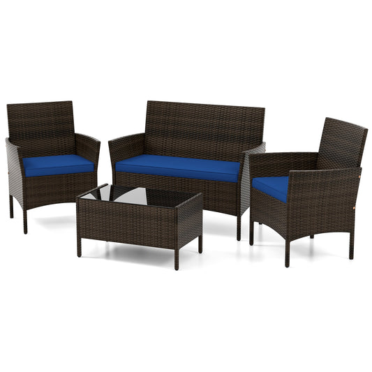 Slickblue 4-Piece Rattan Patio Conversation Set with Loveseat 2 Chairs 1 Coffee Table Beige/ Black/ Navy/ Turquoise Cushions for Backyard or Porch