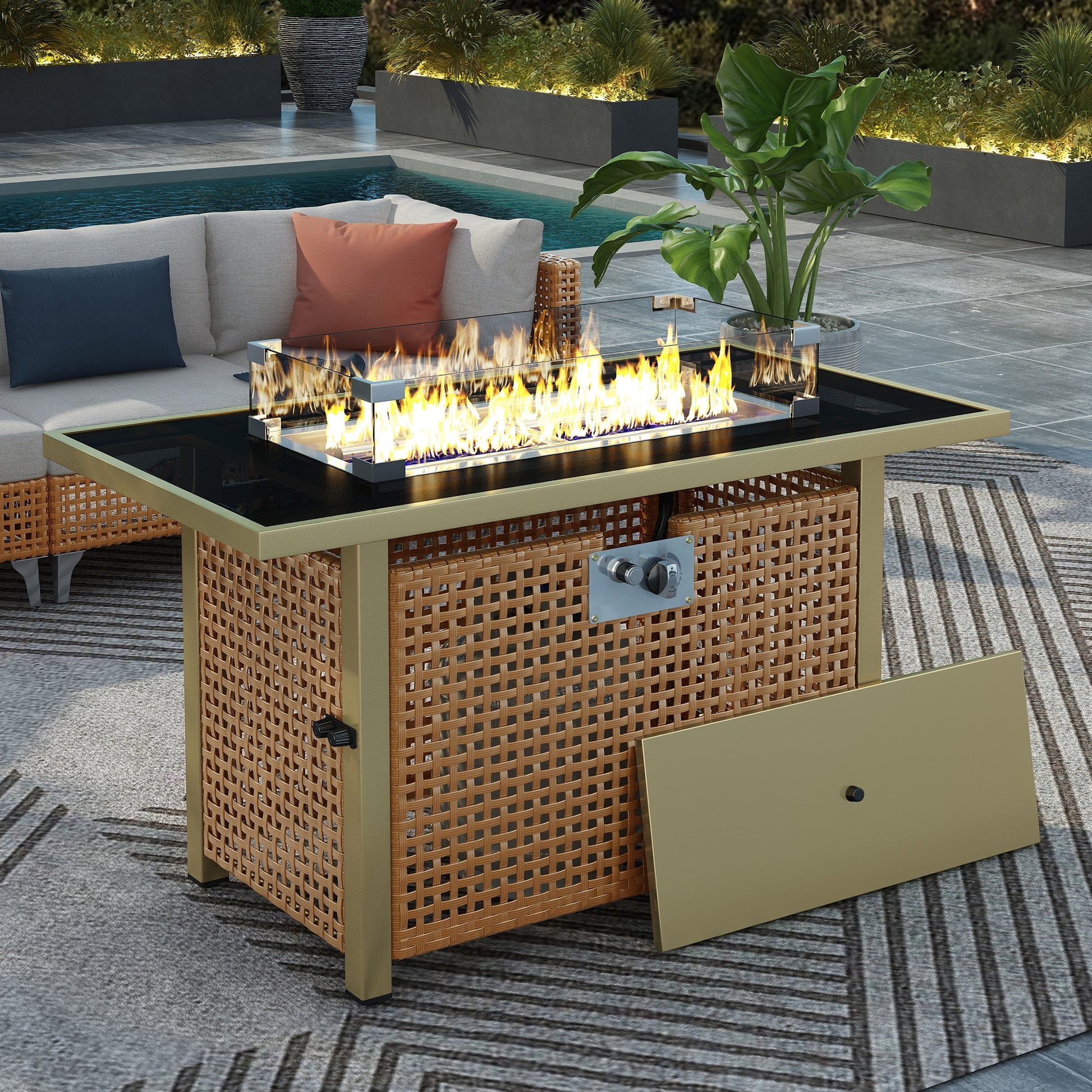 LOVMOR 43 inch Propane Gas Fire Pit Table Rectangular Open Weave Wicker Fire Pit  for Outside Patio Deck Garden BackyardYellow