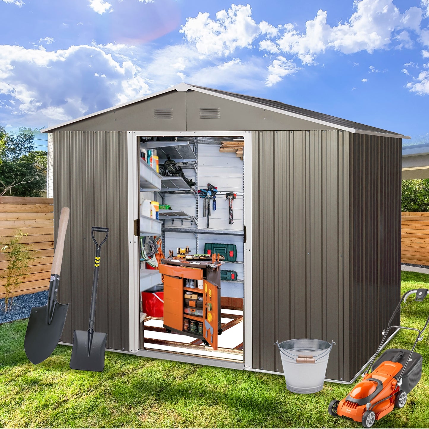 LOVMOR 8ftx6ft Outdoor Metal Storage Shed Metal foundation Gray SKU W540S00012