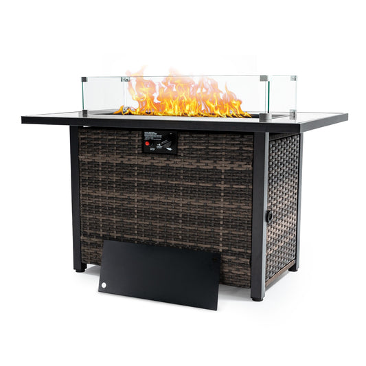 Tatayosi Outdoor Fire Pit 50000 BTU Propane Gas Fire Table with Lid Fireplace with Glass Wind Guard Wicker Base for Garden Patio Backyard 44 Inches