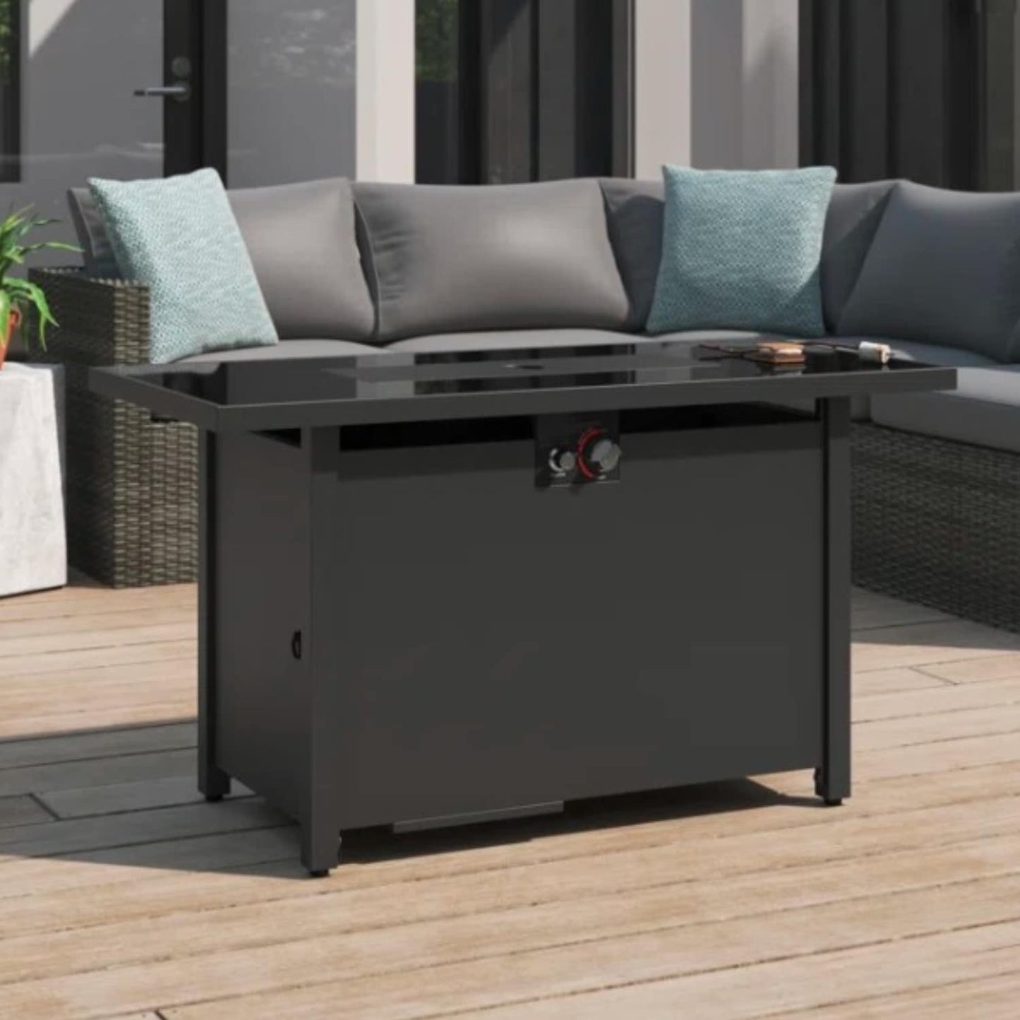 LOVMOR 25 inch H x 42 inch W Steel Outdoor Fire Pit Table with Lid