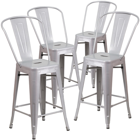 Flash Furniture Lily Commercial Grade 4 Pack 24-in High Silver Metal Indoor-Outdoor Counter Height Stool with Removable Back