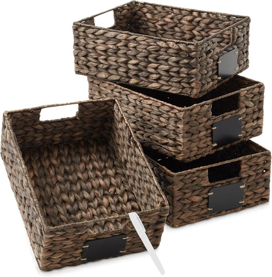 Casafield Set of 4 Water Hyacinth Pantry Baskets, 10" x 13" x 5", with Chalkboard Labels and Chalk Marker - Espresso, Woven Storage Bin Organizers for Kitchen Shelves