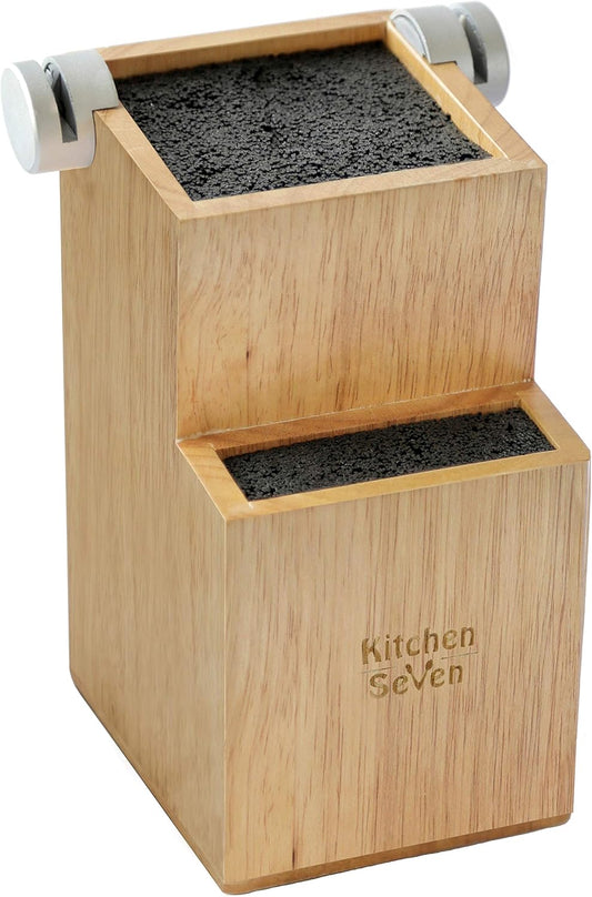 Bamboo Universal Knife Block - Knife Holder with 2 Built-In Knife Sharpeners - 2-Tiered Modern Knife Storage Up to 16 Large and Small Knives Easy Clean Wooden Knife Organizer by Kitchen Seven