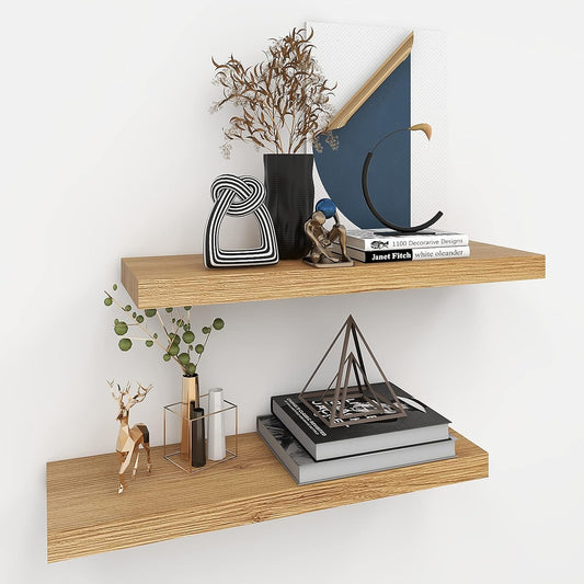 INHABIT UNION Oak Floating Shelves for Wall，24in Wall Mounted Display Ledge Shelves Perfect for Bedroom, Bathroom, Living Room and Kitchen Decoration Storage (Oak, Set of 2)