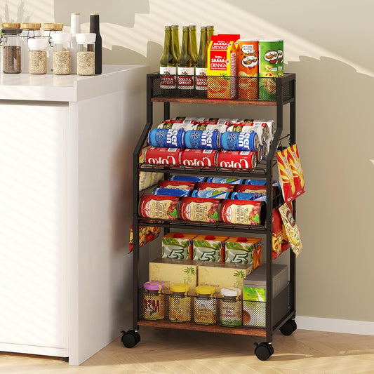 Homsorout Can Organizer for Pantry - Rolling Snack Cart, Multi-Layer Soda Can Organizer for Pantry, Mobile Beverage Storage Rack with Wheels, Versatile Metal Shelf for Kitchen and Office, Black Brown