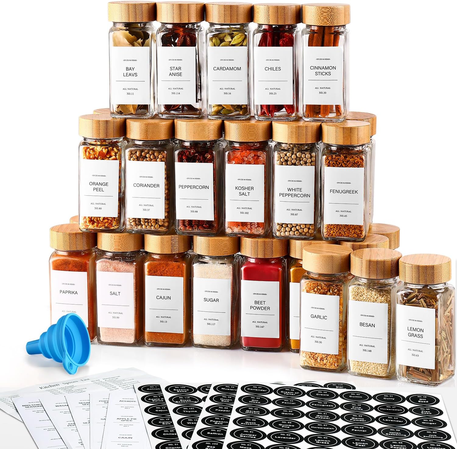 DWTS DANWEITESI 36 Pcs Glass Spice Jars - 4oz With Bamboo Lids, Empty Bottles With Labels, Kitchen Spice Jars With Shaker Lids