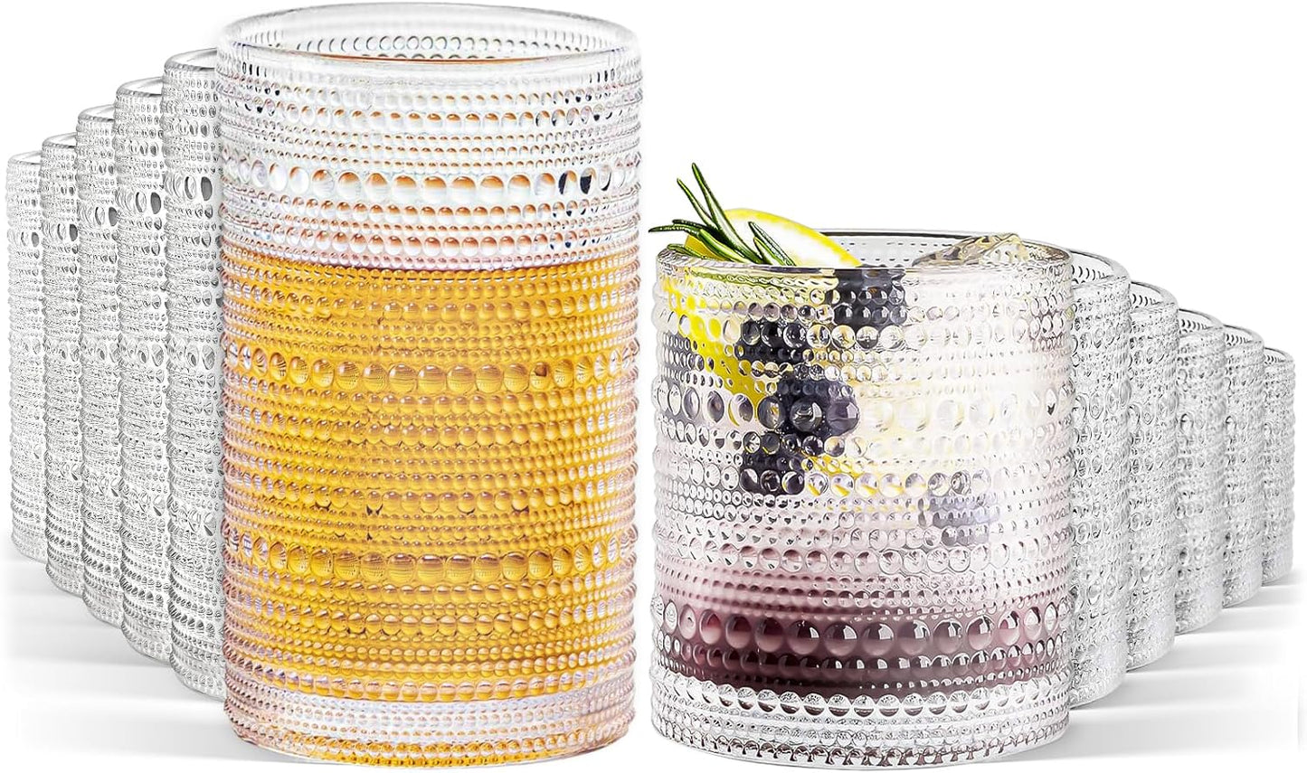 GOROGILE Hobnail Drinking Glasses Set of 12, 12 oz Highball Glassware & 10 oz Cocktail Glasses, Vintage Embossed Beaded Glass Cups for Kitchen,Beer,Soda, Whiskey,and Beverages,Dishwasher Safe