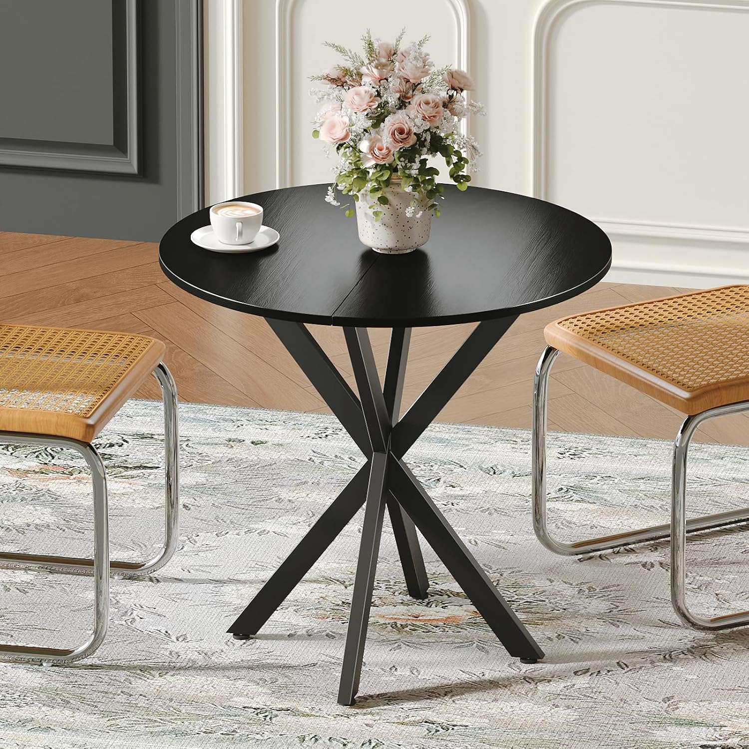 Unovivy 31.5" Black Small Round Dining Table for 2-4, Space Saving Circle Kitchen Dinner Table, Mid Century Modern Dining Room Desk for Kitchen, Apartment