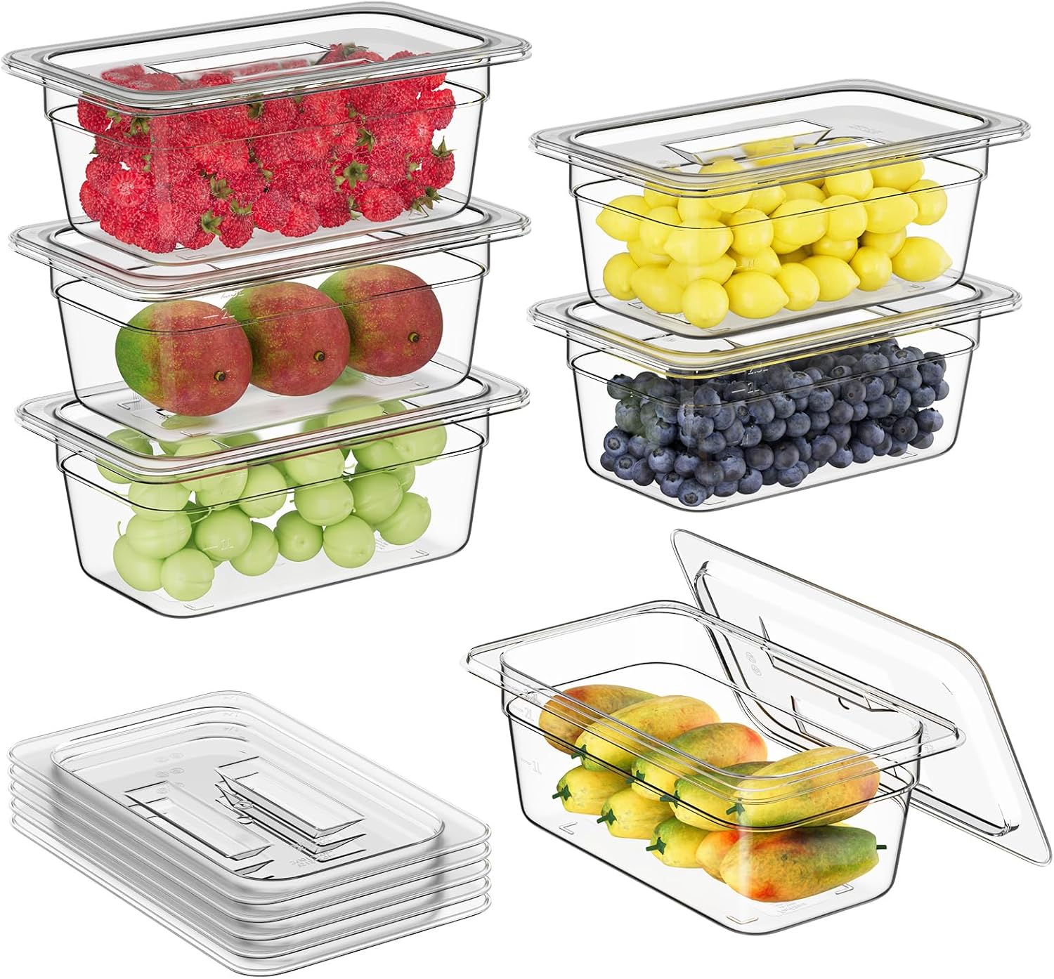 FORITRUE 1\/4 4'' 6 Pack Plastic Food Pans With Lids, Clear Food Pan, Commercial Stackable Polycarbonate Freezer-Safe for Fruits Vegetables Restaurant Kitchen