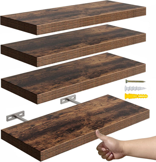 YUFLINX 16\u2019\u2019Rustic Brown Floating Shelves for Wall,Rustic Wood Shelf for Room Decor\/Storage\/Display,Small Bookshelf,Wall Mounted Hanging Shelves for Bedroom, Bathroom, Living Room, Kitchen,Set of 4