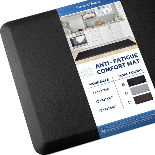 KitchenClouds Kitchen Mat Cushioned Anti Fatigue Rug 17.3"x60" Waterproof Non Slip Standing Desk Mat Comfort Floor Mats for House Sink Office (Black)