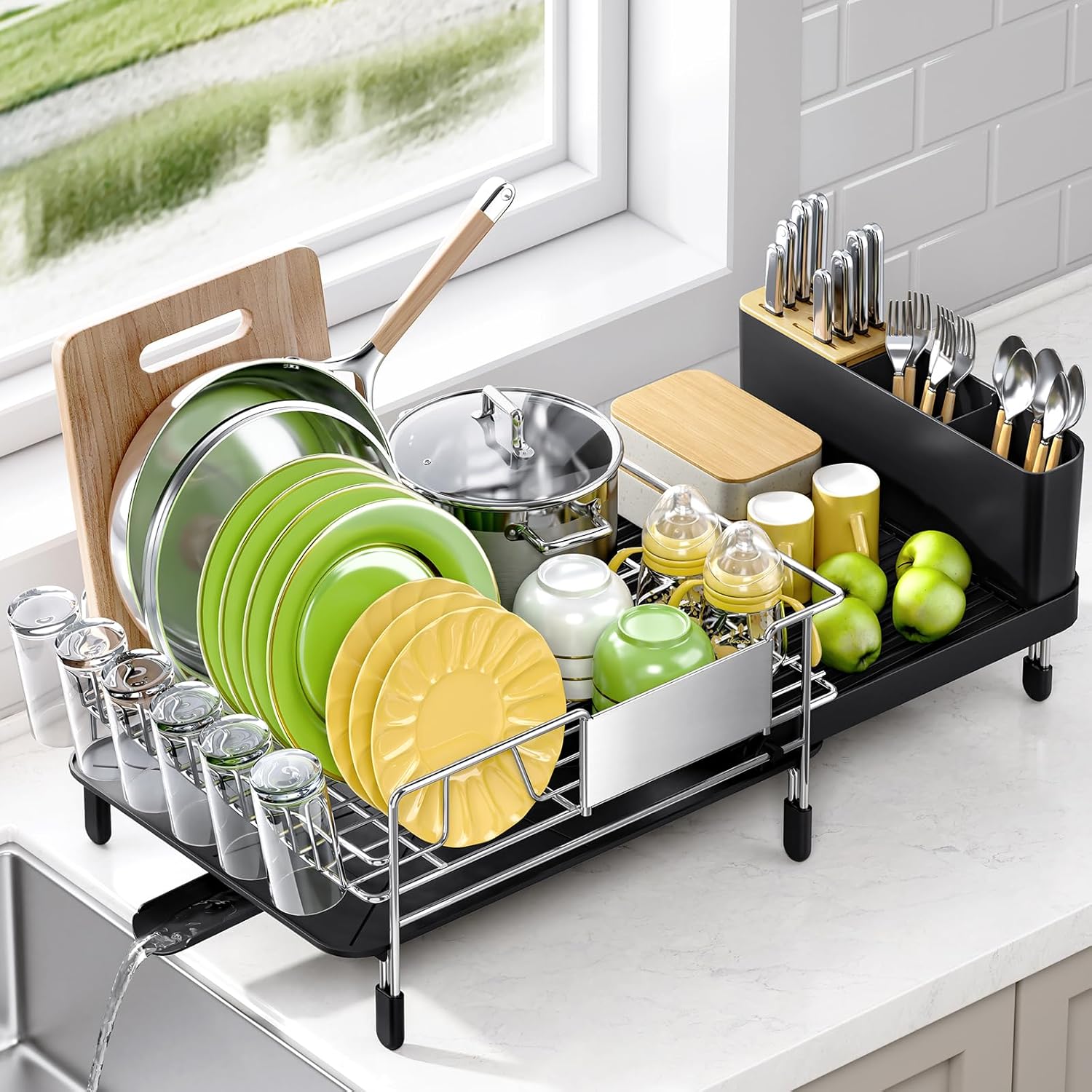 Urackify Dish Drying Rack, Expandable Stainless Steel Dish Rack with Drainboard Set Kitchen Sink Organizer for Counter, Large Capacity Kitchen Accessories, Smooth Water Flow