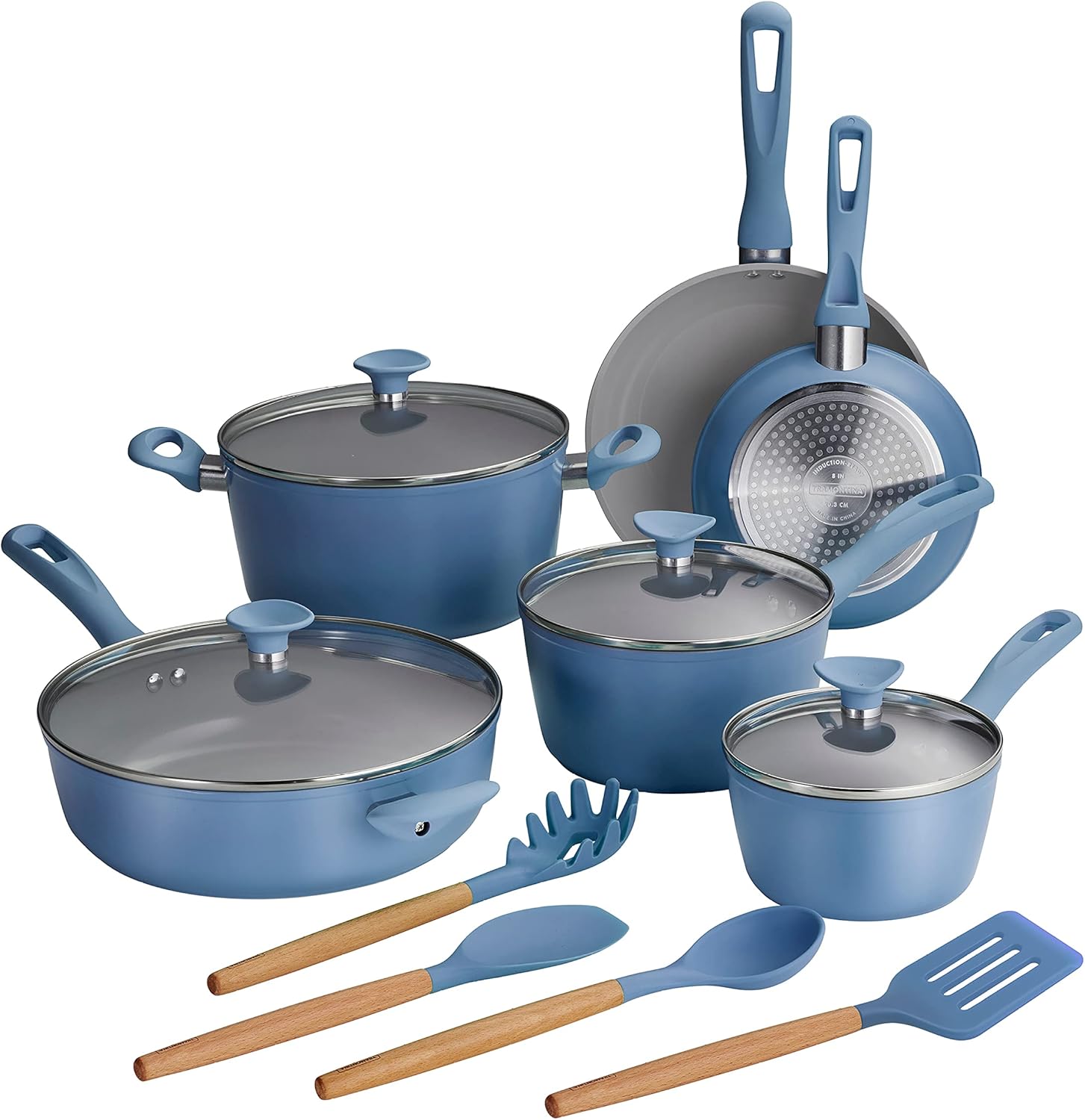 Tramontina Solara 14-Piece Ceramic Non Stick Cookware Set with Lids, Heavy-Gauge Aluminum Pots and Pans Kitchen Set with Nonstick Coating, Dishwasher and Oven Safe (Blue)