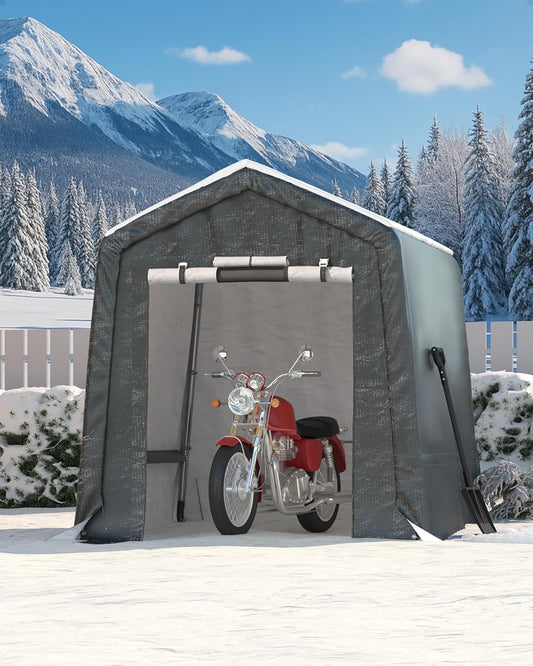 6x8 ft Outdoor Portable Storage Shed with Roll-Up Door & Vent, 240G Heavy-Duty Shelter Waterproof PE Tarp, UV-Resistant Storage Sheds for Motorcycle, Firewood, Garden and Tools, Gray