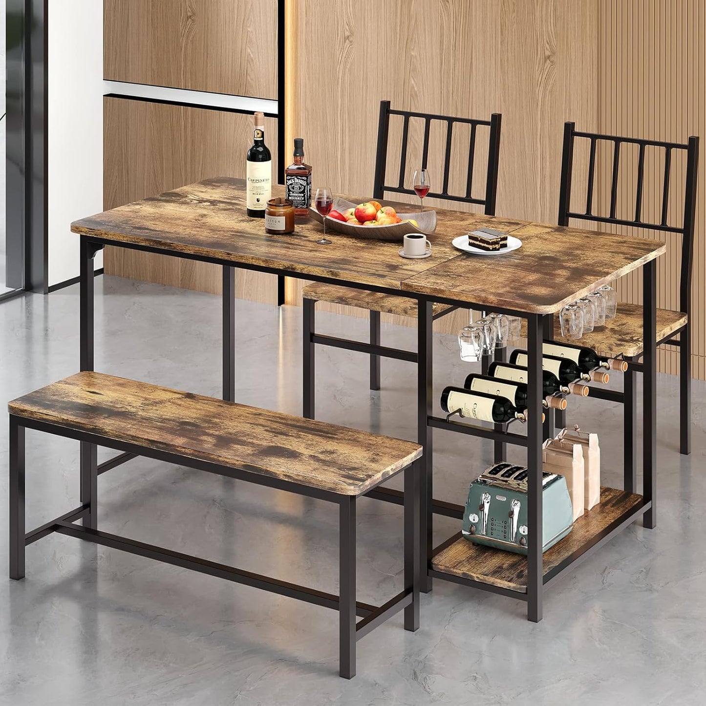 Dining Table Set for 4, Kitchen Table and 2 Chairs for 4 With Bench, Dining Table Set With Built in Wine Rack&Wine Glasses Holder, Storage Shelves for Small Space, Apartment, Kitchen, Rustic Brown