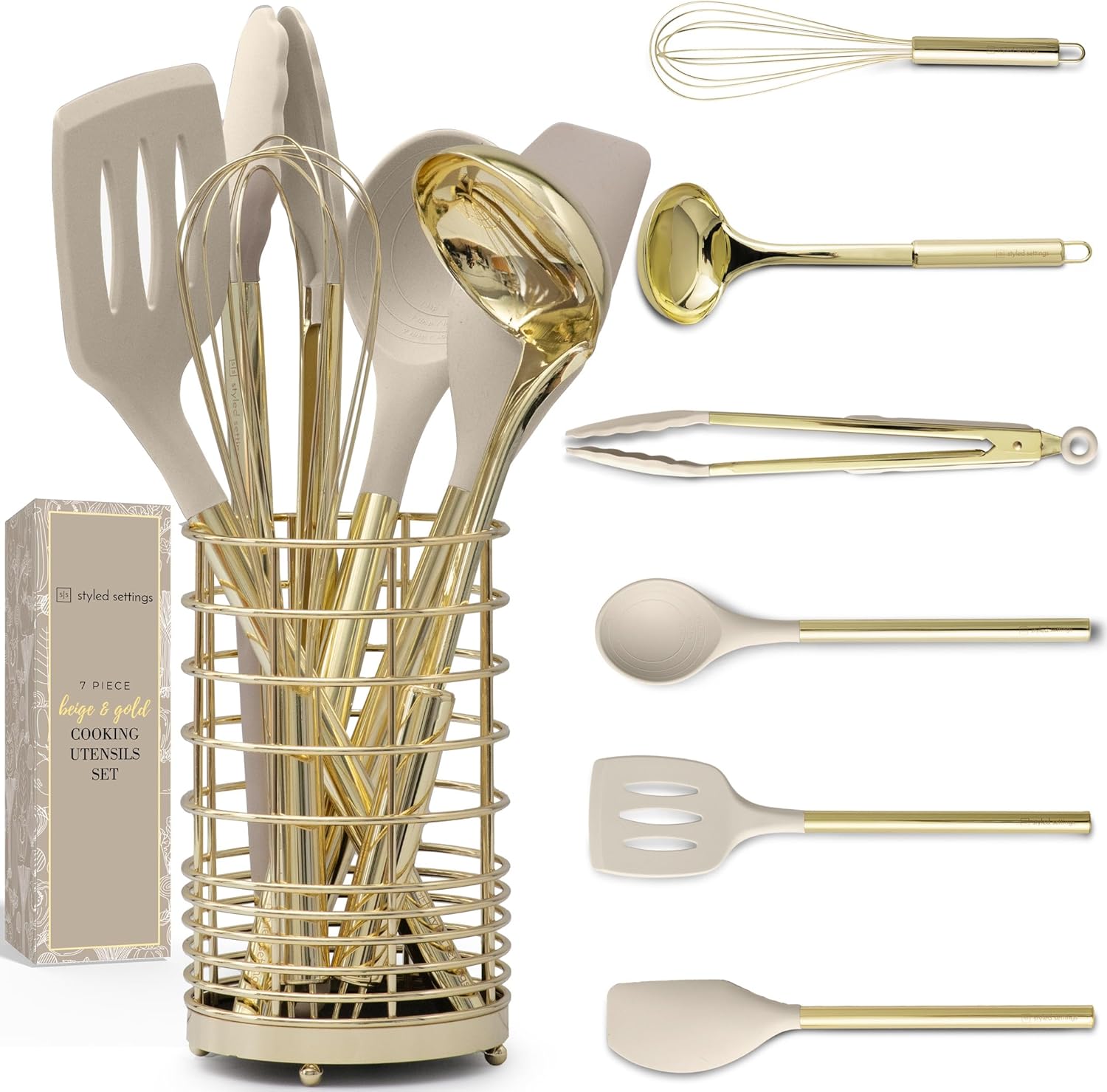 7-Piece Beige & Gold Kitchen Utensils Set \u2013 Non-Toxic Silicone & Stainless Steel Tools for Cooking, Serving, & Hosting \u2013 Ideal for Nonstick Cookware & Modern Kitchens, with Gold Utensil Holder