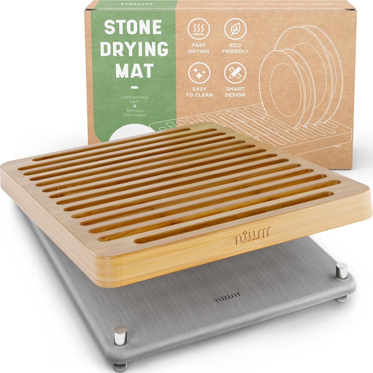 NIUM Stone Drying Mat for Kitchen Counter & Bamboo Rack - 16″x12″ - Diatomaceous Earth Dish drying mat Ultra Absorbent & Fast Drying - EcoFriendly with Non-Slip Pads & Anti-Moisture Design