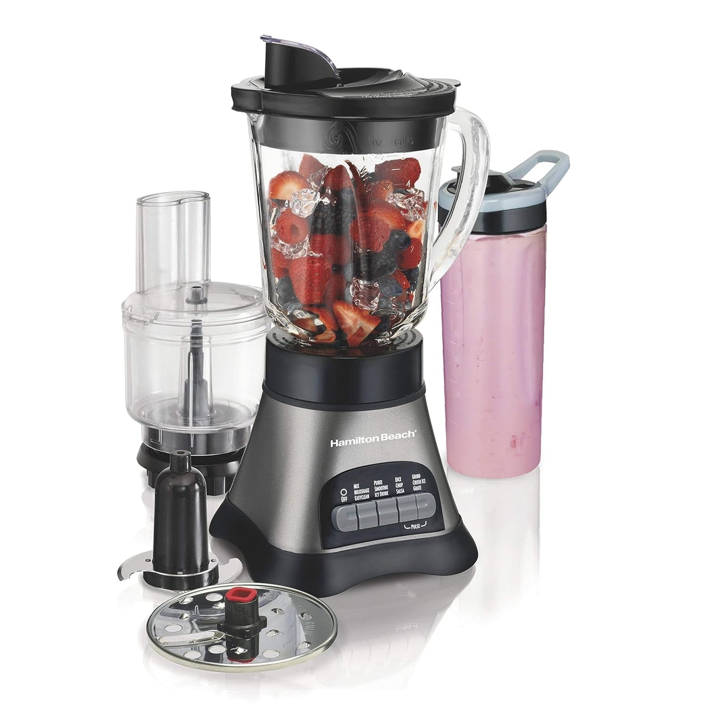 Hamilton Beach Blender and Food Processor Combo for Shakes & Smoothies, With 3 Cup Electric Food Chopper Attachment, 40 oz Glass Jar, Blender Travel Cup, 700 Watts Peak Power, Gray & Black (58163)