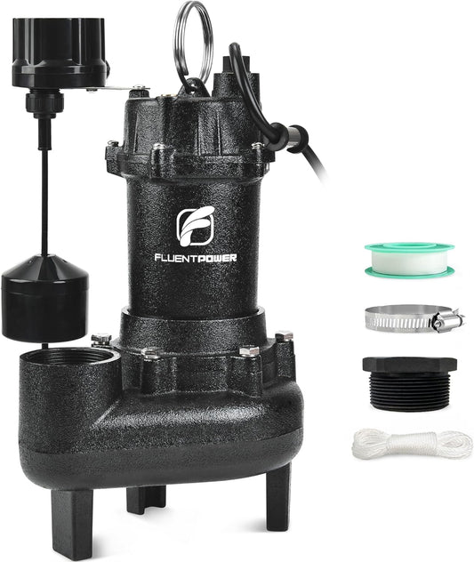 FLUENTPOWER 3\/4HP 5000GPH Sewage Effluent Pump, Cast Iron Ejector Submersible Sewer Pump, with Automatic Vertical Float Switch for Basement Residential Septic Basin, 10 ft Cord, 2" NPT Discharge