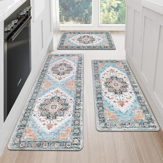 MJIAHOMDEC Cushioned Kitchen Rug Sets 3 Piece Anti Fatigue Kitchen Mats for Floor Non Slip Waterproof Kitchen Rugs and Mats Comfort Standing Mat Runner for Home Office,Sink,Laundry