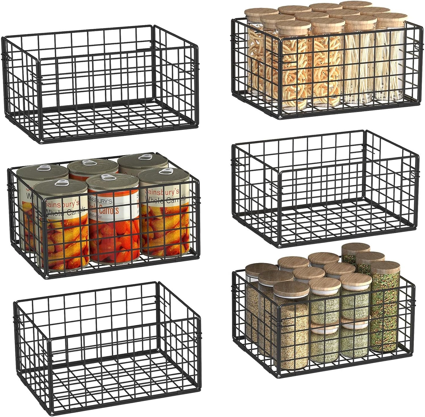 X-cosrack Metal Wire Basket Pantry Baskets Foldable Cabinet Organizers with Handles-6 Pack-12"x9"X6", Food Storage Freezer Organizer Bins for Kitchen Bathroom Laundry Closet Garage - Patent Design