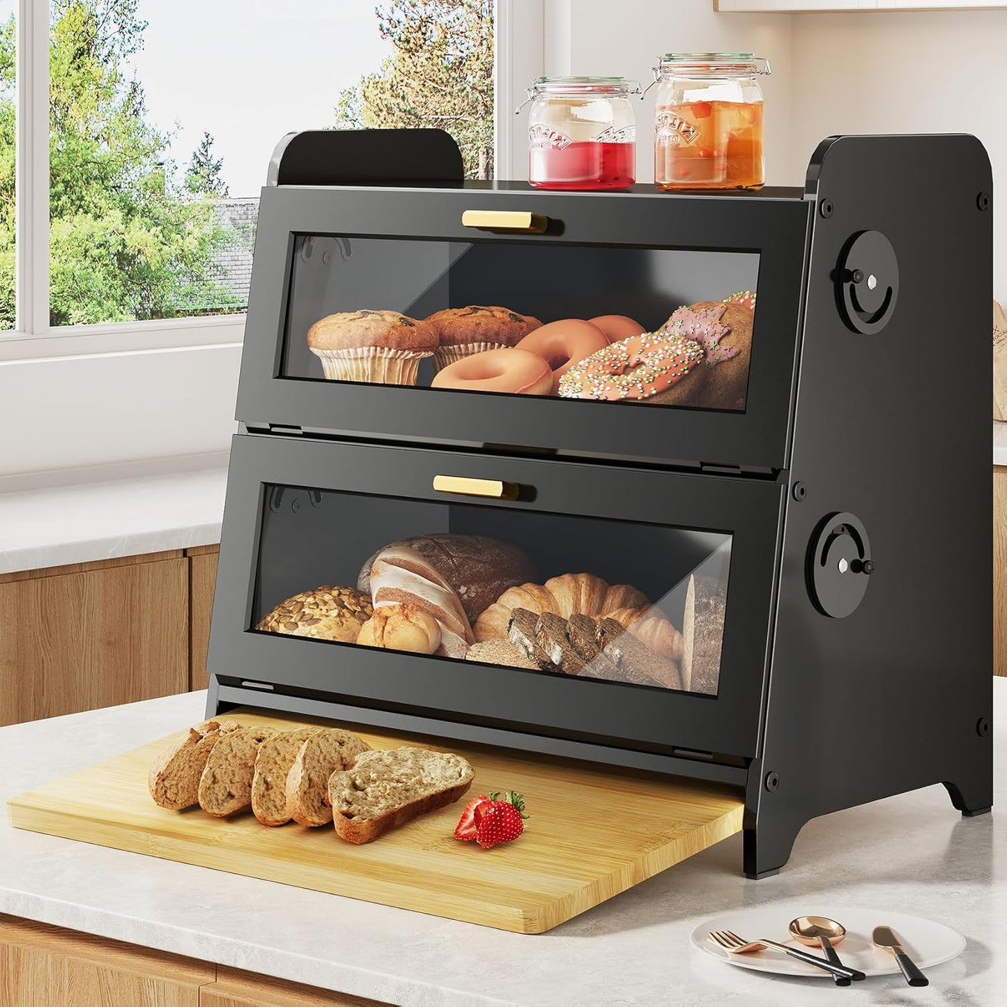 SNTD Bread Box - Kitchen Countertop Bread Storage Container with Bamboo Cutting Board, Adjustable Vent Hole Dials, Black