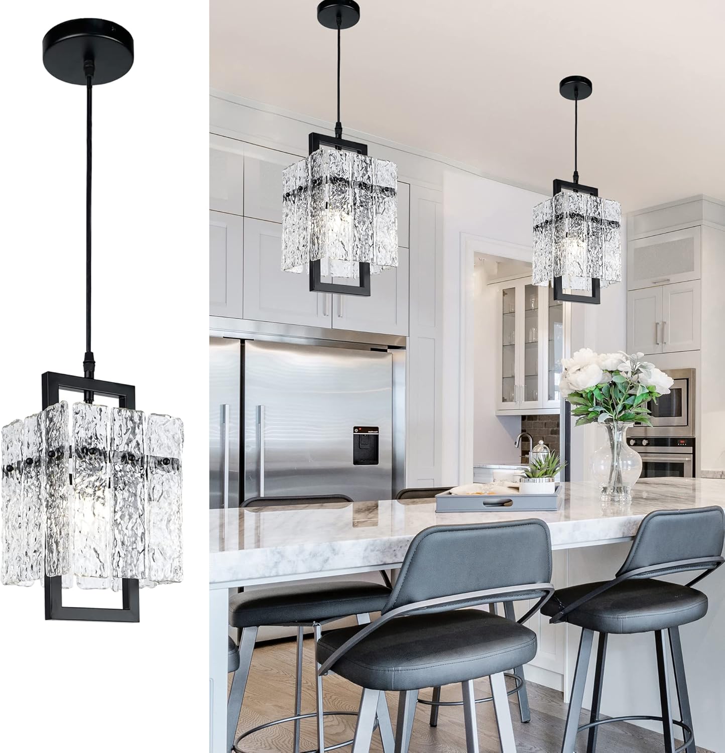 IKK Black Crystal Pendant Light for Kitchen Island, Luxury Water Ripple Glass Chandelier Lights Fixture, Modern Elegant Adjustable Pendant Lighting for Dining Room Bedroom, E12 Bulb, L6.5'' x H11.8''