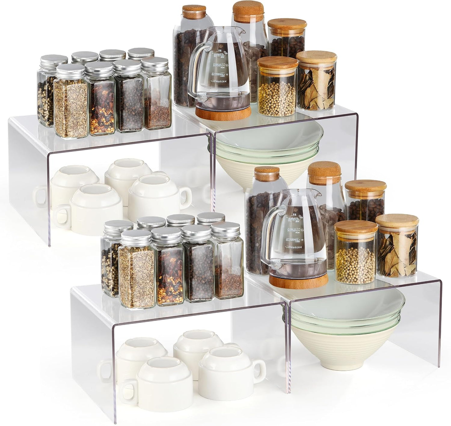 Hampsele Acrylic Kitchen Cabinet Organizer Shelf, Spice Rack, Plate and Cupboard Storage Riser, Versatile Pantry Shelf, Durable Clear Countertop Organizer for Home and Kitchen(4 PCS)