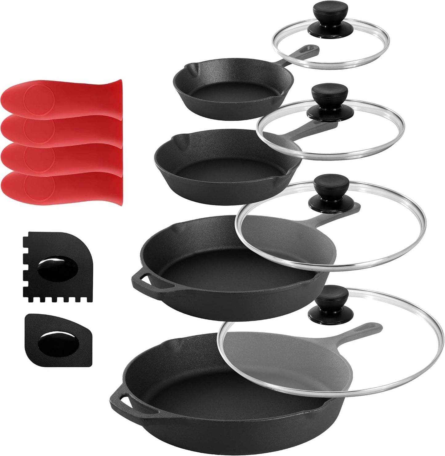 MegaChef 13 Piece Pre-Seasoned Cast Iron Skillet Set with Temperd Glass Lids and Silicone Holders