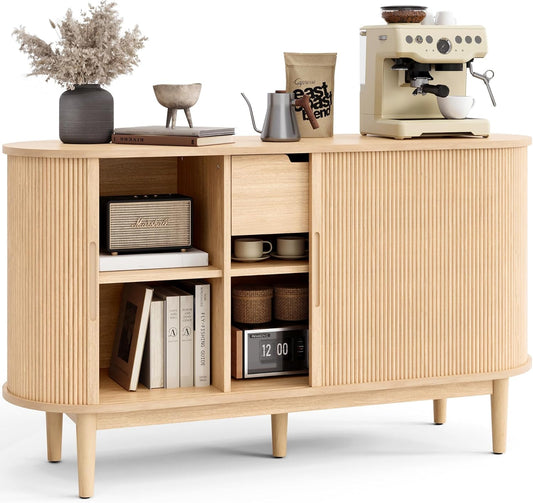 LINSY HOME Sideboard Buffet Cabinet with Storage, 55" Fluted Coffee Bar Cabinet with Tambour Sliding Doors and Drawer, Mid Century Modern Wood Storage Buffet Table for Kitchen, Living Room, Oak