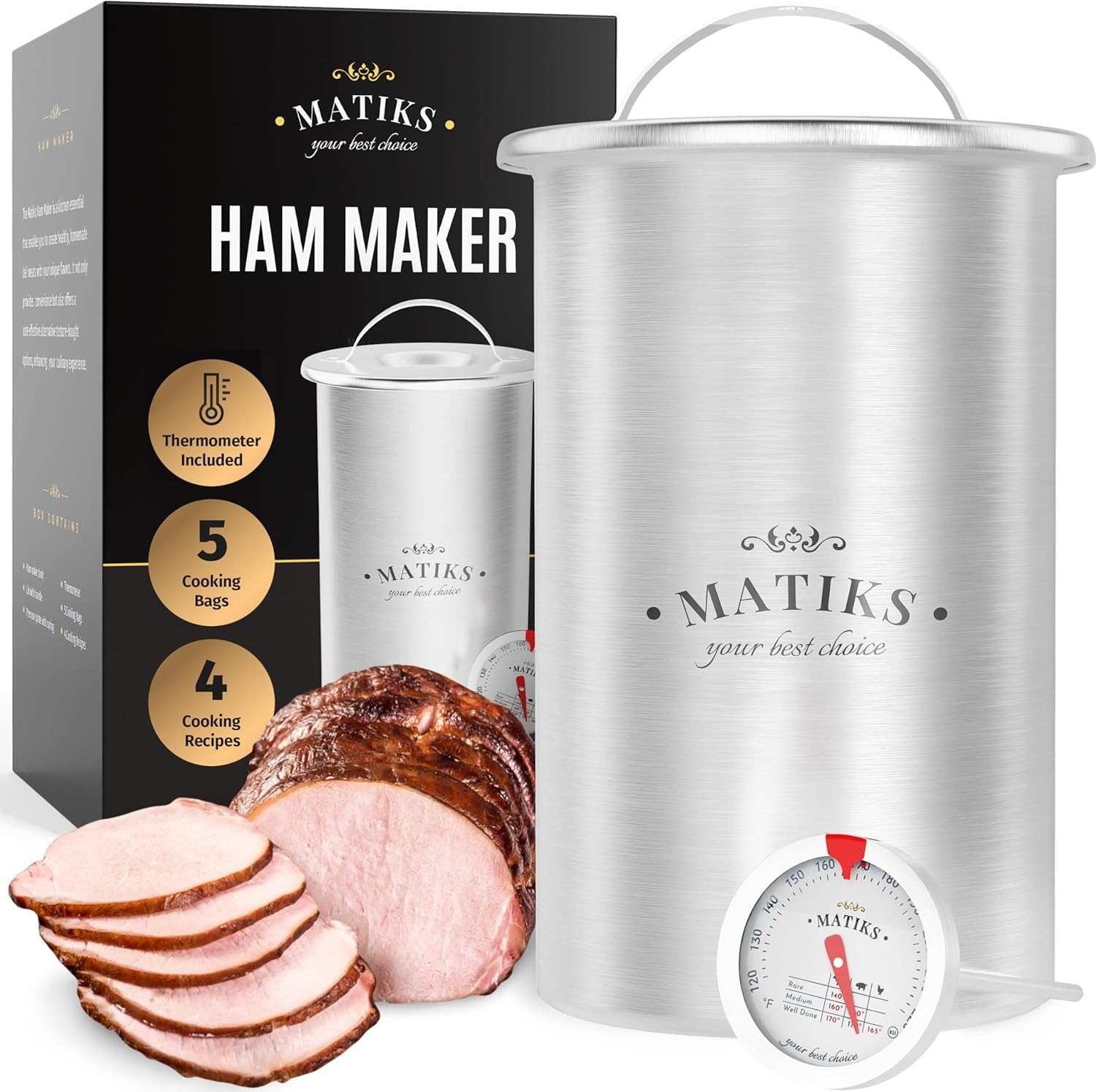 Matiks Deli Meat Press Mold for Deli Meats - Make Your Own Healthy Homemade Ham with This Stainless Steel Lunch Meat Press Maker - Our Ham Maker Includes Bonus Thermometer, Recipes and Cooking Bags