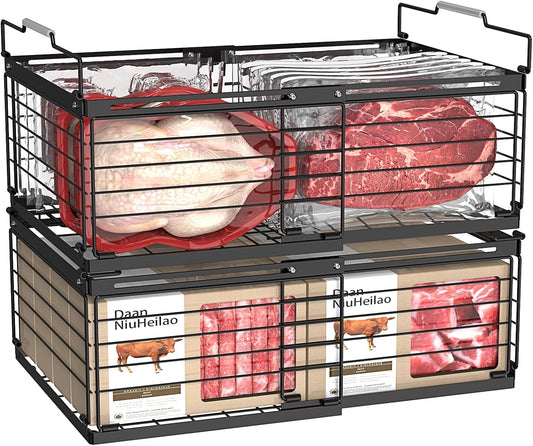 NADAMOO Freezer Organizer Bins, 2 Packs Large Expandable Stackable Chest Freezer Containers with Handle, Metal Adjustable Storage Baskets for Fridge, Deep Freezer, Cabinet, Kitchen, Pantry - Black