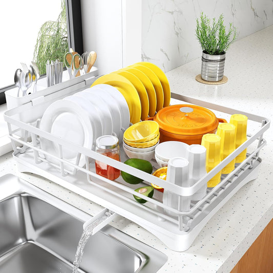 Dish Drying Rack for Kitchen Counter - Large Dish Rack with Drainboard, Rustproof Dish Drainer with Utensil Holder for Sink, White