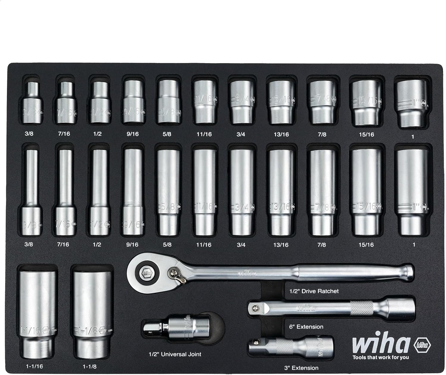 Wiha 33896 28 Piece 1/2" Drive Professional Standard and Deep Socket Tray Set - SAE