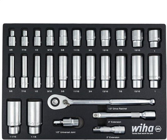 Wiha 33896 28 Piece 1/2" Drive Professional Standard and Deep Socket Tray Set - SAE