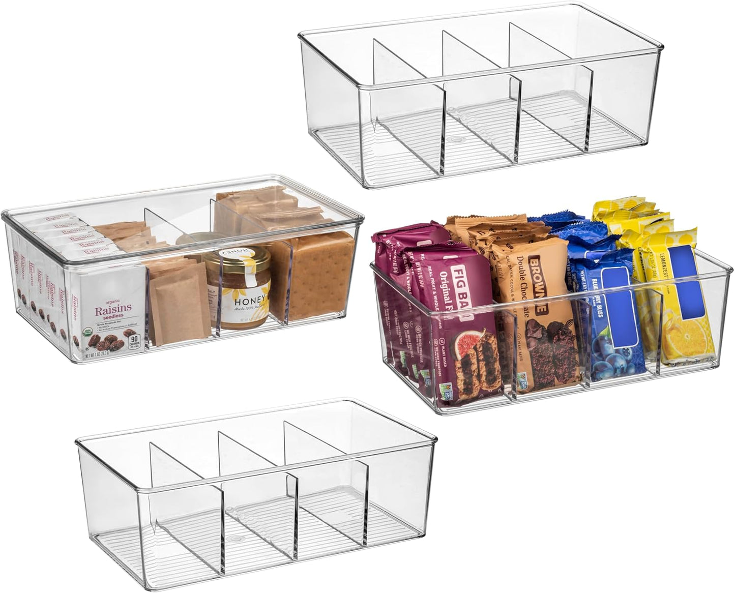 ClearSpace Plastic Pantry Organization and Storage Bins with Dividers & Lids \u2013 Perfect Kitchen Organization or Kitchen Storage \u2013 Fridge Organizer, Refrigerator Bins, Cabinet Organizers, 4 Pack