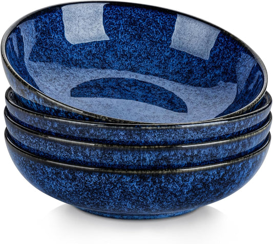 vancasso Stern Large Pasta Bowls Set of 4, 38 Oz Ceramic Salad Plate Bowls for Serving, Kitchen Stoneware Wide Bowls for Soup, Pasta, Salad, Cereals, Microwave Oven Safe, Reactive Glaze-Blue
