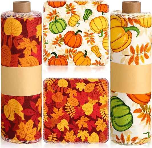 Redbaker 50 Pcs Reusable Paper Towels Paperless Reusable Cotton Cloths Toilet Absorbent Washable Paper Towels with Roll Kitchen Dishcloth for Kitchen Paperless Dishcloths(Pumpkin)