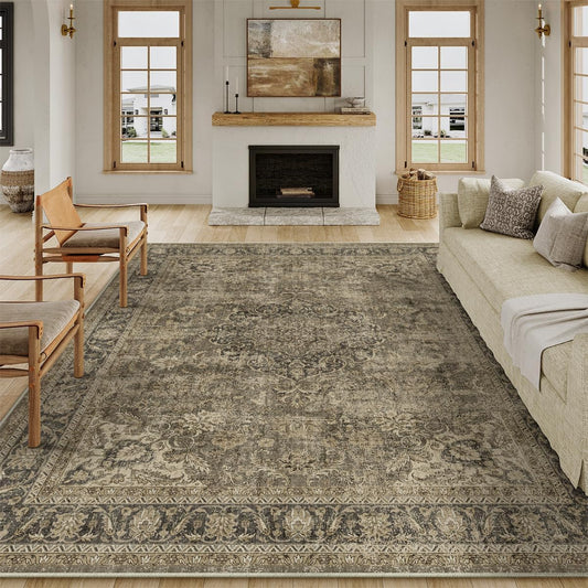 WondRg 8x10 Washable Brown Vintage Area Rug for Living Room Bedroom Large Traditional Low Pile Soft Carpet Non-Slip Thin Retro Distressed Accent Throw Rug for Dining Room Office Kitchen Indoor