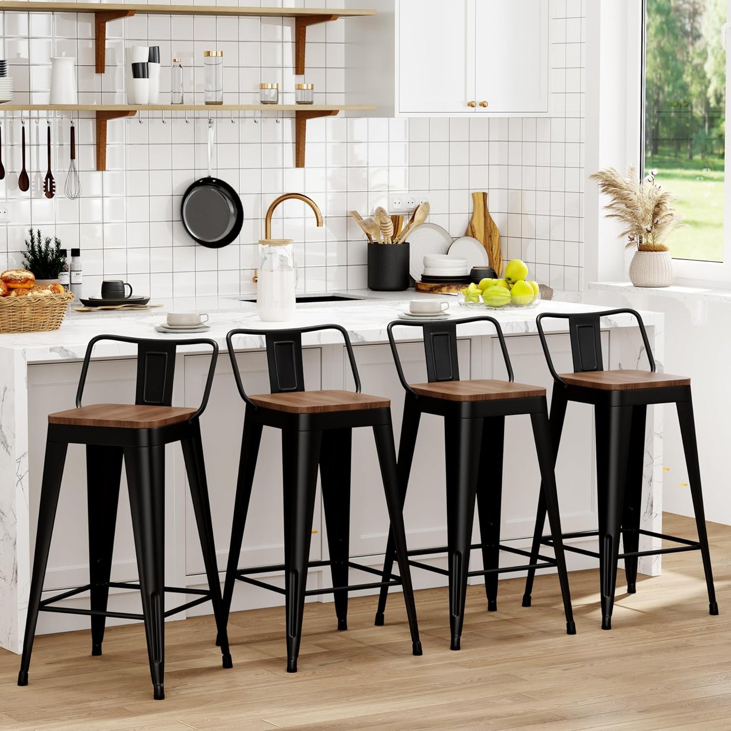 WENTMENT Metal Bar Stools Set of 4 Counter Height Barstools with Removable Back 24" Kitchen Bar Stools with Wooden Seat, Black