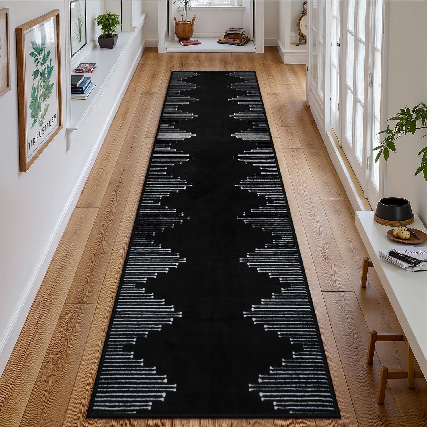 Seavish Hallway Runner Rug 2x8 Black Kitchen Runner Rugs Non Slip Washable Low Pile Soft Modern Geometric Rugs for Entryway Neutral Rugs Non Shedding Western Bohemian Rug for Laundry Bedroom